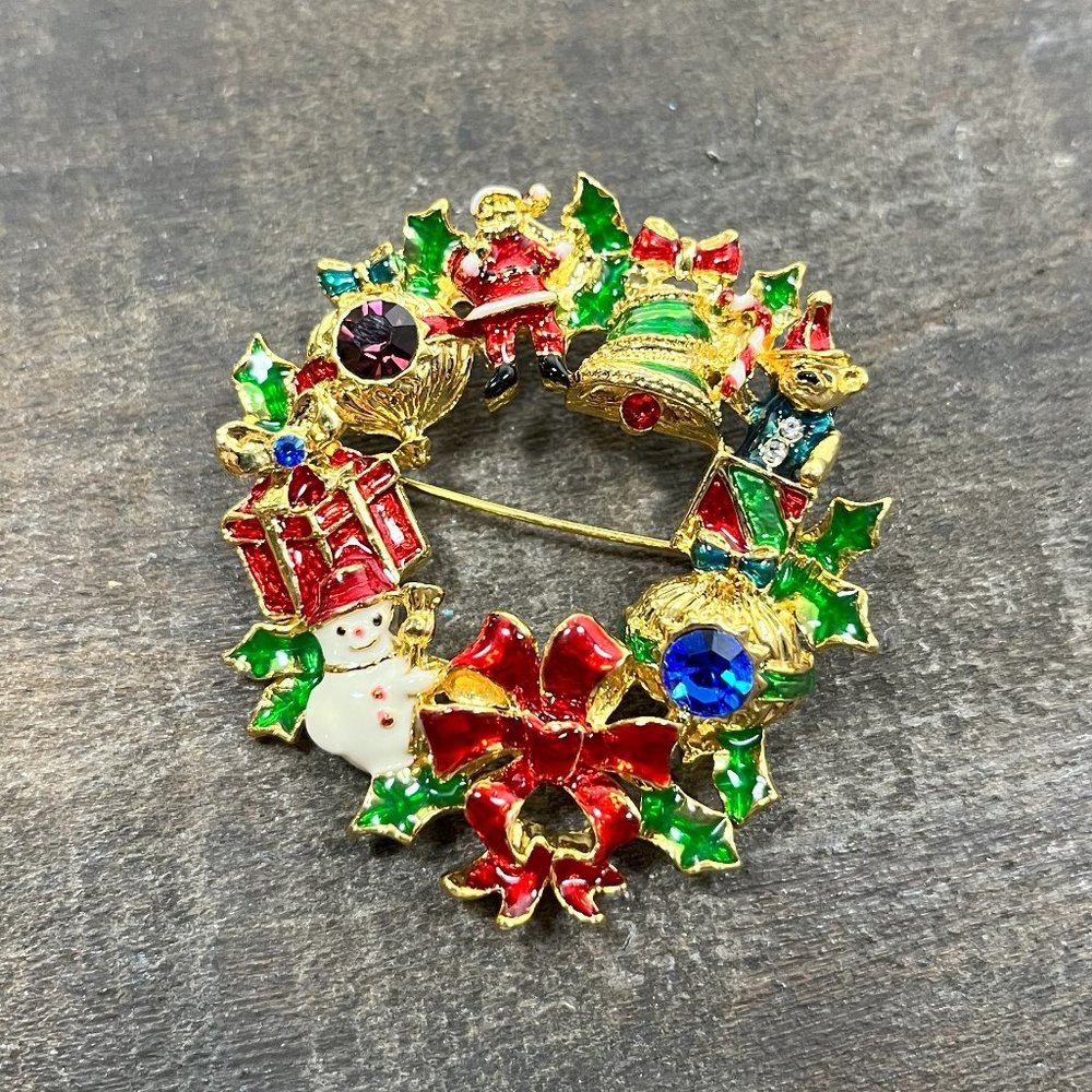 Christopher Radko Signed Christmas Wreath Pin Brooch / Pendant Gold Toned